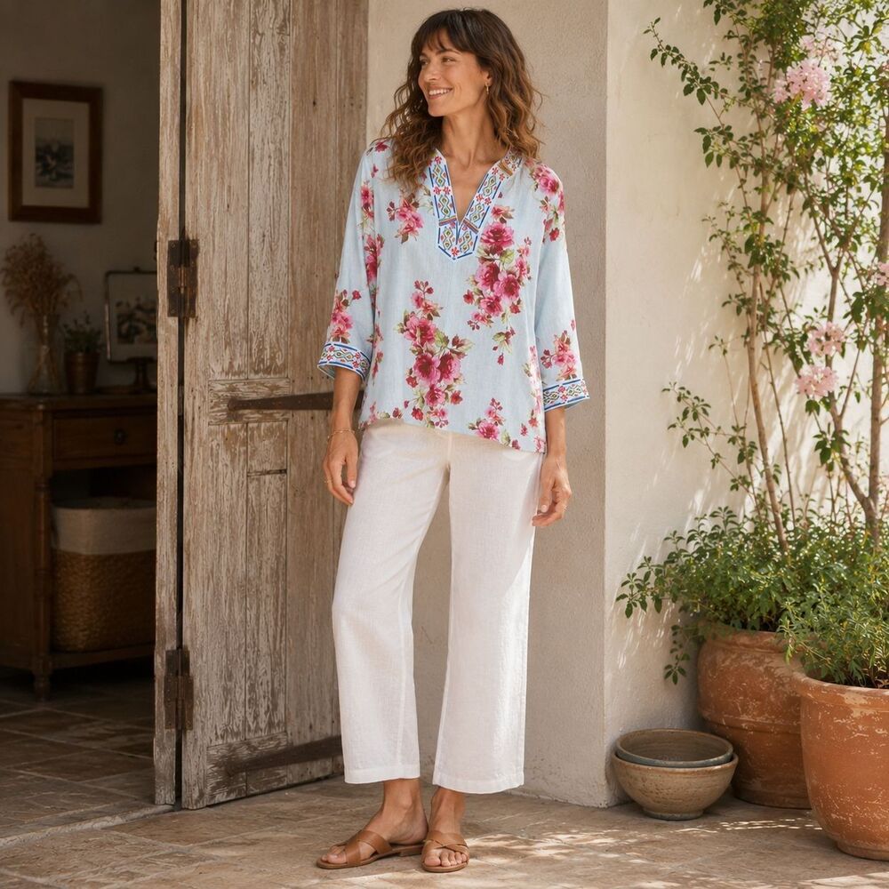 SOFT‎ SURROUNDINGS Women's Tunic Top LARGE Floral 100% LINEN Embroidered 2FQ82